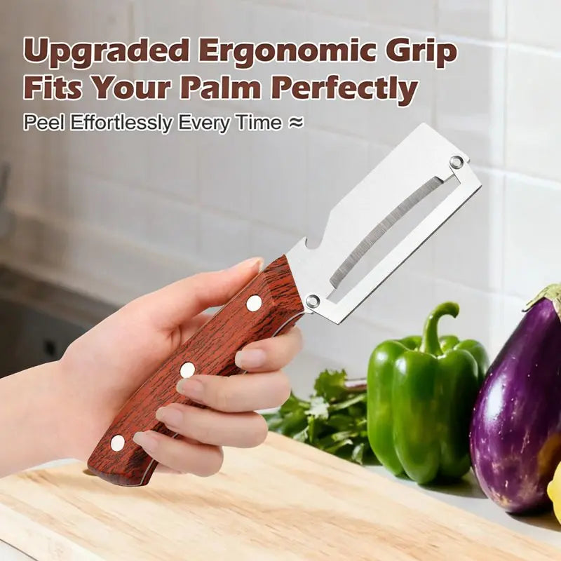 ⚡Crazy-Sale⚡60k-Sold⚡Wooden-Handled Stainless Steel Sharp Peeler with Built-In Bottle Opener for Fruits