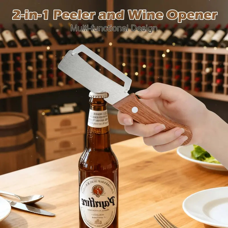 ⚡Crazy-Sale⚡60k-Sold⚡Wooden-Handled Stainless Steel Sharp Peeler with Built-In Bottle Opener for Fruits