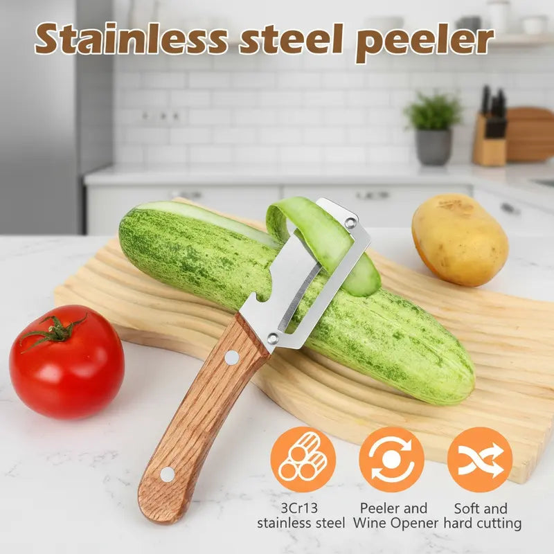 ⚡Crazy-Sale⚡60k-Sold⚡Wooden-Handled Stainless Steel Sharp Peeler with Built-In Bottle Opener for Fruits