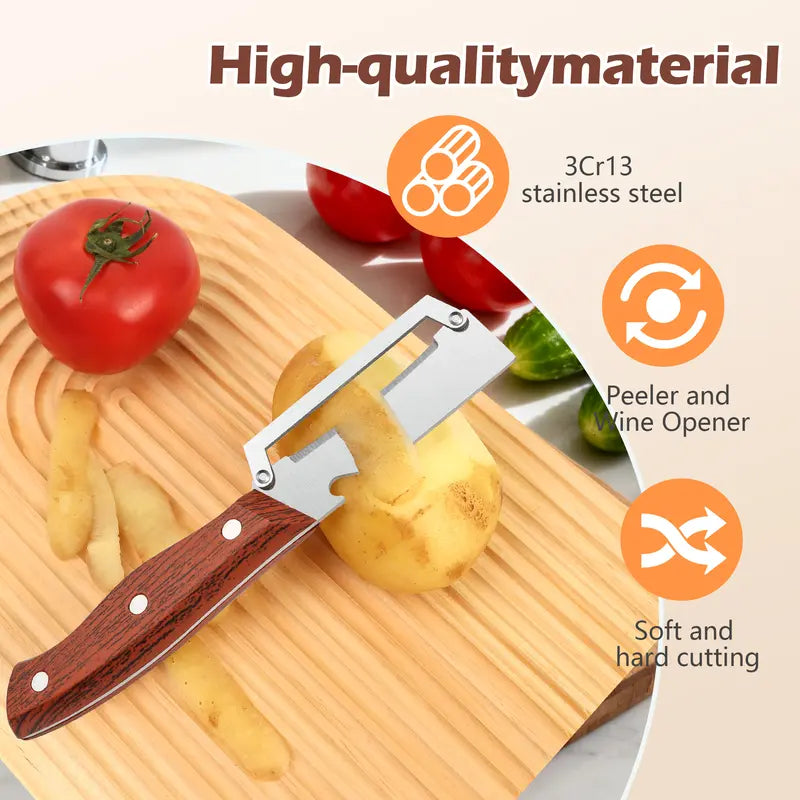 ⚡Crazy-Sale⚡60k-Sold⚡Wooden-Handled Stainless Steel Sharp Peeler with Built-In Bottle Opener for Fruits